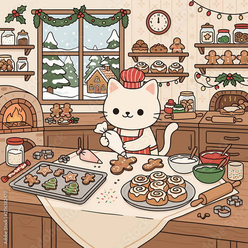 Cute cartoon cat baking gingerbread cookies and cinnamon rolls in a cozy winter kitchen.
