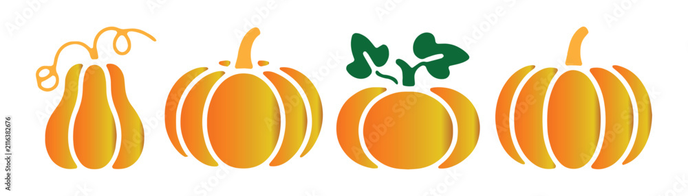 Fototapeta premium Autumn harvest pumpkin set with leaves and stem stencil vector illustration for holiday design.