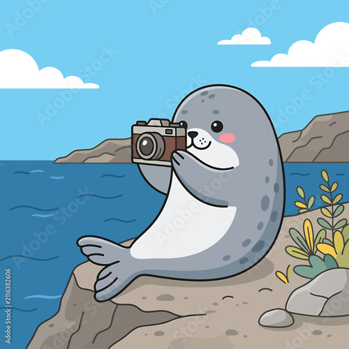 A cute cartoon seal sitting on a rocky cliff taking a photo with a camera.