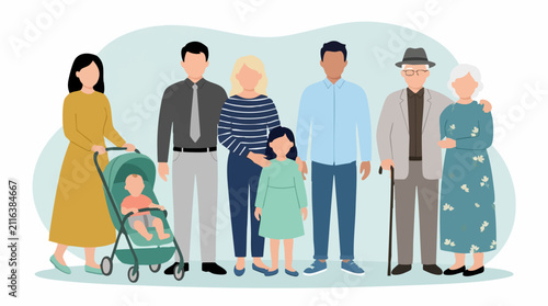 Canvas Print Multi-generational family illustration with parents, children, and grandparents