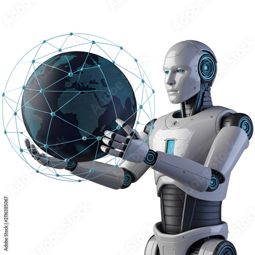 Futuristic humanoid robot holding a glowing digital globe showing global network and data connection