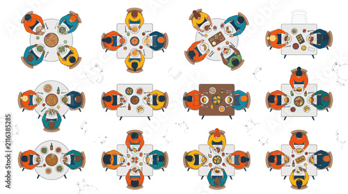Social Dining Illustration top-down view of diverse people eating at various restaurant tables ideal for food blogs, restaurant marketing, and social gathering concepts.