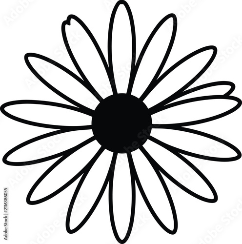 Minimalist blooming daisy flower line art vector icon featuring a solid black center disk and thin radial contours of symmetrical petals