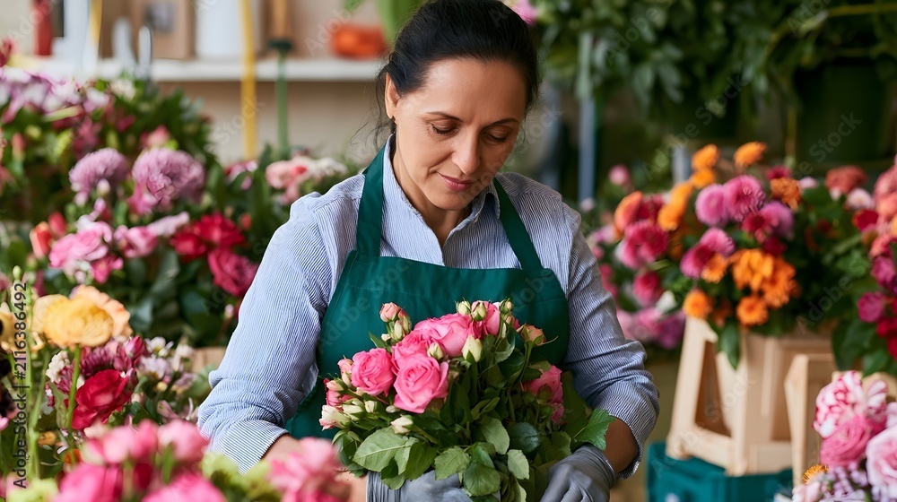 Fototapeta premium A woman wearing a green apron carefully arranges pink roses among colorful flowers in a vibrant floral shop setting