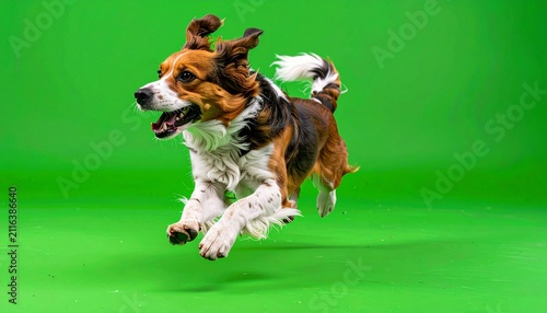 Energetic Beagle Mix Dog Running on Green Screen Background.