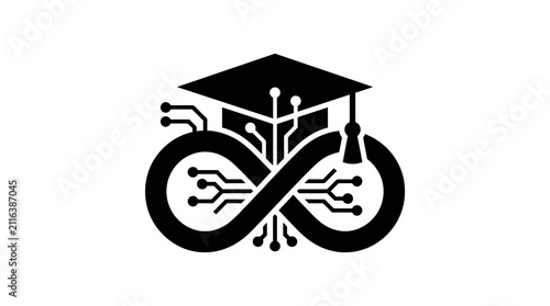 Fotografie Graduation cap resting upon an infinity loop circuit board symbolizes the endless pursuit of knowledge and lifelong learning within the rapidly evolving field of digital education