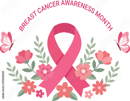 Breast cancer awareness month pink ribbon with flowers