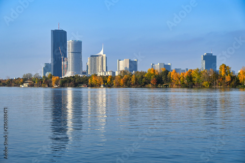 Photography Vienna DC Towers and Danube City Skyline Over Alte Donau in Autumn Austria