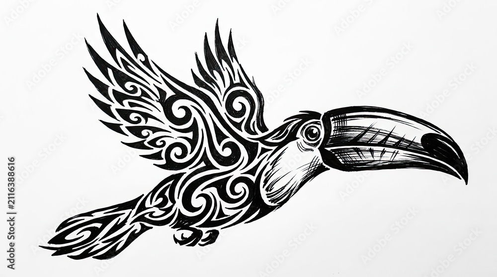Obraz premium Tribal style toucan bird illustration with ethnic patterns.