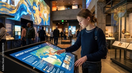 Young person interacting with a digital interactive map display in a museum exhibit.