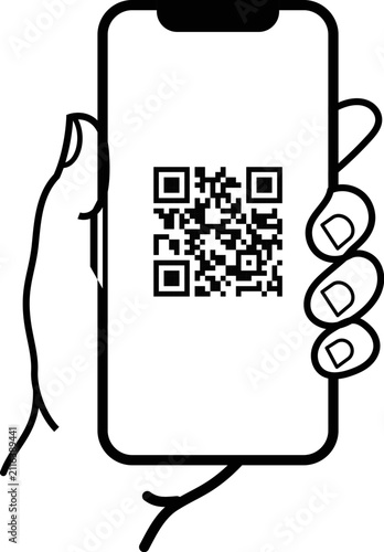 Hand holding a smartphone with a QR code on the screen