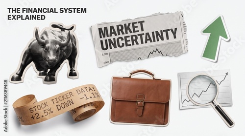 Financial market uncertainty and stock trading paper cutout elements set for news graphic on white background