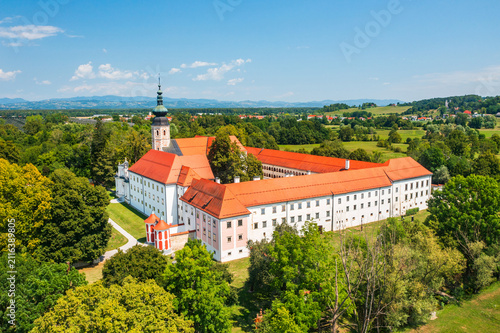 Aerial view of Cistercian monastery in town of Kostanjevica na Krki, Slovenia, Europe