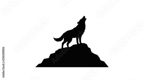 Bild auf Leinwand Silhouette of a wolf howling on a rocky outcrop against a white background