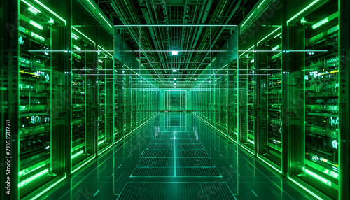 Server room infrastructure features rows of glowing green lights in a large data storage facility.
