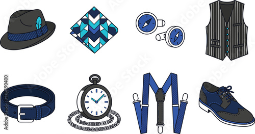Fotografie Vintage Gentleman Fashion Accessories Set with Fedora Vest Suspenders Pocket Wat