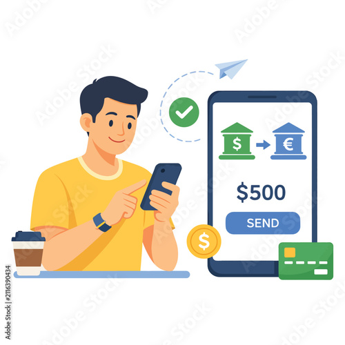 Man sending money via mobile payment app on smartphone