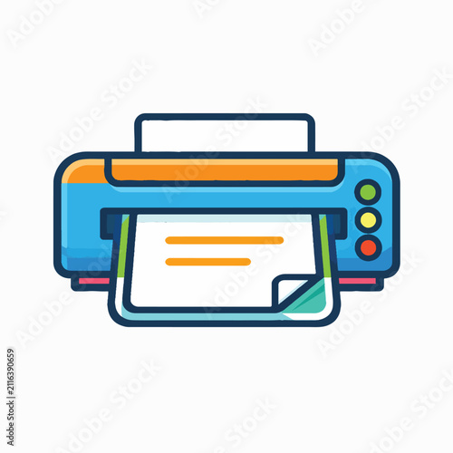 Modern color printer with paper output, office equipment icon