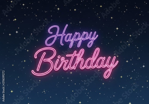 Happy birthday neon sign with starry background