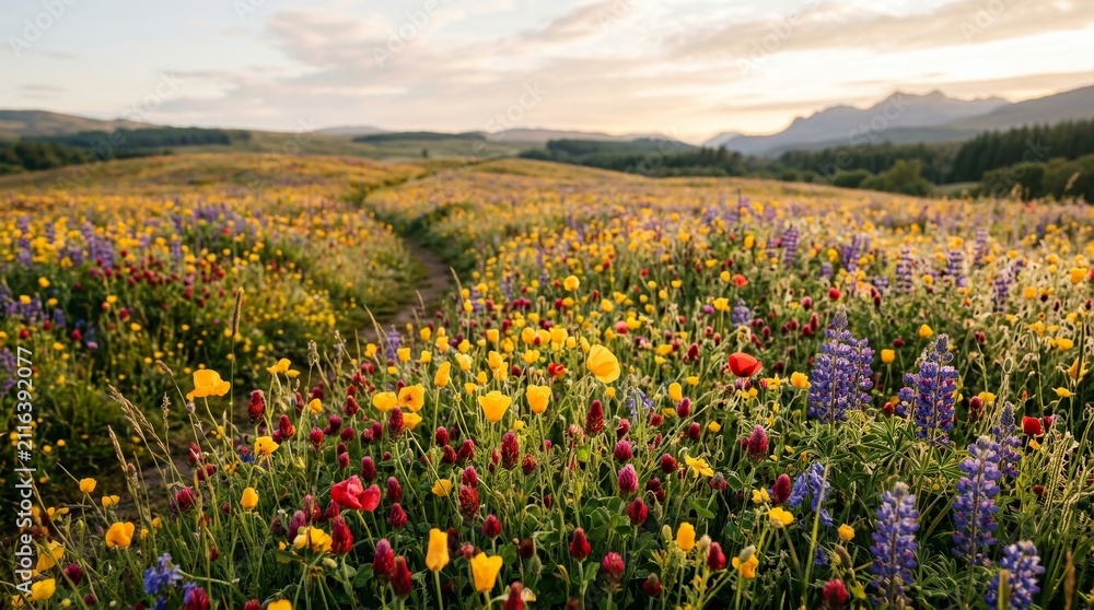 Fototapeta premium Vibrant Meadow Full of Wildflowers at Sunset in Serene Landscape