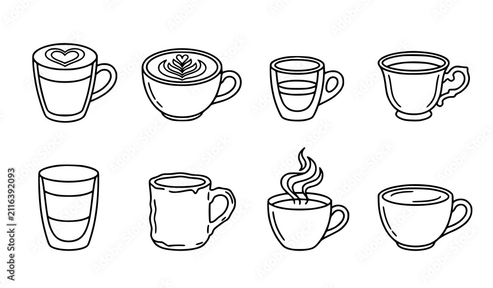 Fototapeta premium Coffee Cup Line Icon Set with Latte Art Layered Glass Mug Vintage Cup and Steaming Espresso Different Styles