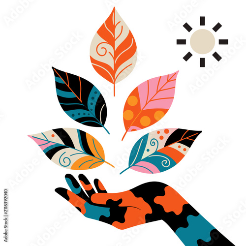 Vibrant Abstract Hand Holding Leaves Artistic Illustration Mood