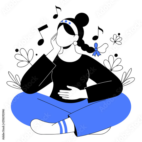 Minimalist Calm Woman Listening To Music Vector Illustration