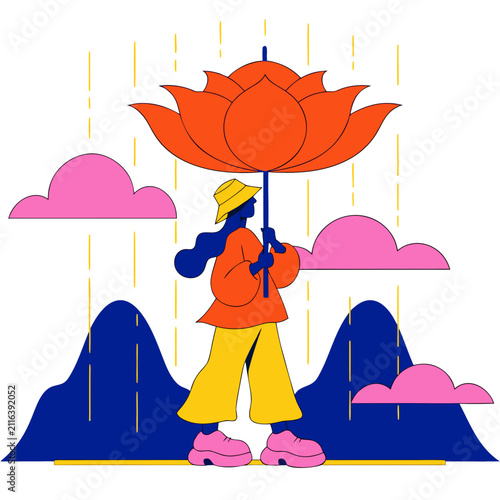 Minimalist Playful Illustration of Person Walking in Rain