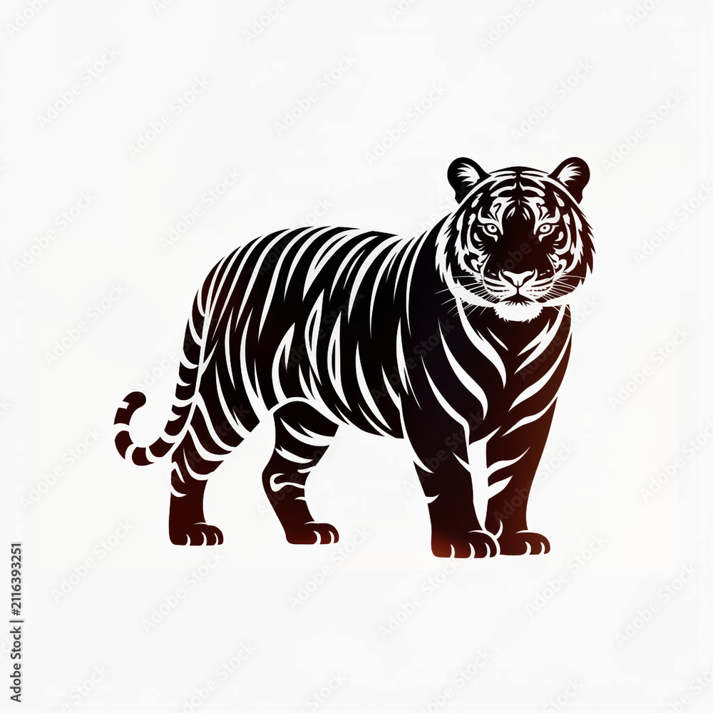 Fototapeta premium Stylized tiger silhouette with white stripes and gradient coloring on white background