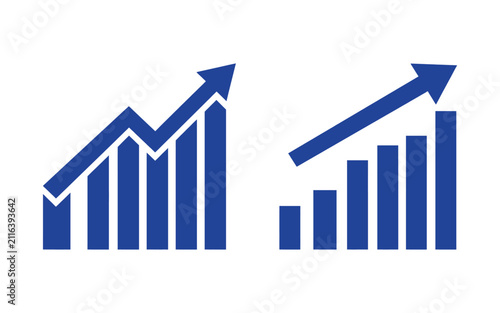 Blue upward growth line and bar chart icons with business analysis statistics