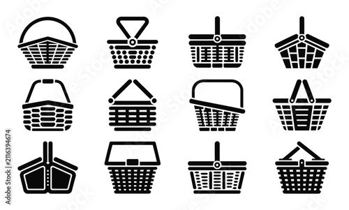 Black wicker picnic shopping basket silhouette vector icon design set