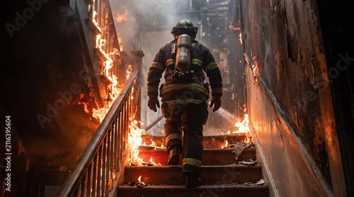 Firefighter Bravely Ascends Burning Staircase to Fight Destructive Flames and Smoke