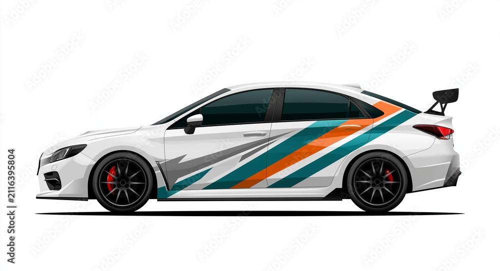 Fototapeta premium Modern sport sedan with vibrant abstract car wrap design side view