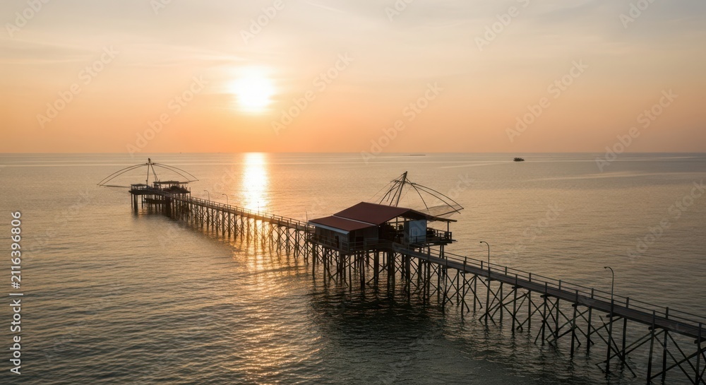 Fototapeta premium Golden Sunset Illuminates a Traditional Fishing Pier and Offshore Platform on a Tranquil Ocean Seascape