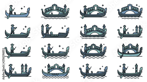 Canvastavla Corporate Set of Gondoliers Rowing Venetian Gondolas with Iconic Venetian Bridge