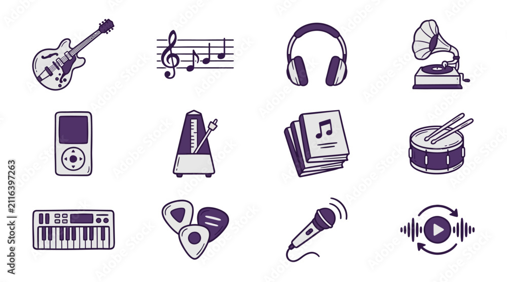 Fototapeta premium Creative Icons Set of Music and Audio Equipment in Monochromatic Purple Blue Line Art Style with high quality professional line art symbols for modern creative design and digital branding projects