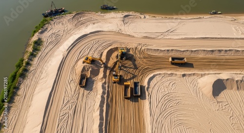 Industrial Sand Mining Operation with Excavators and Trucks Near Riverbank