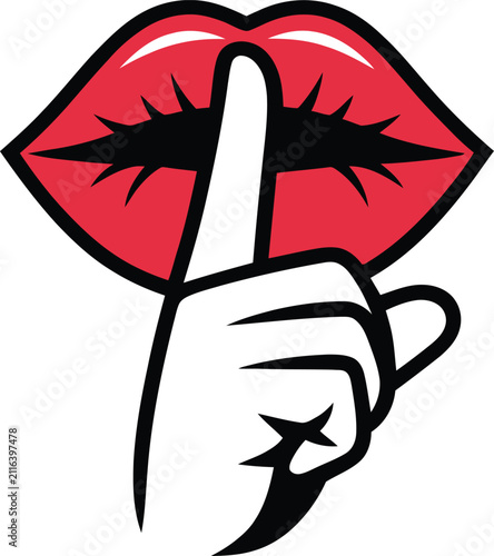 Foto Stylized red lips and finger gesturing for silence isolated on a white backgroun