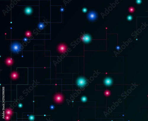 Photography Glowing cyan and magenta orbs connected by thin lines on dark background