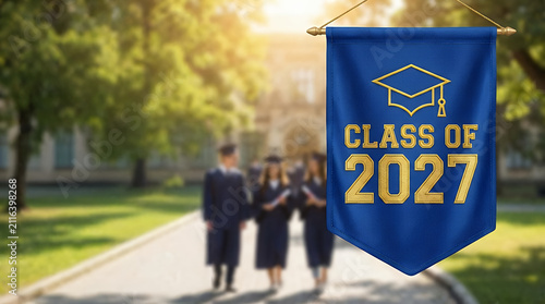A Class of 2027 graduation cap banner representing university degree celebration and academic achievement for the graduating year. class 2027 graduation cap banner university degree celebration