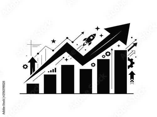 Financial market growth chart with rocket icon and rising trend, business