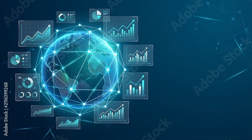 Global network concept visualization with various financial charts and data graphs representing science technology fintech innovation digital economy international business connection and information