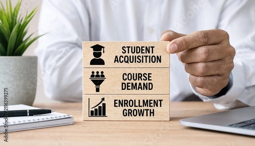 Person holding wooden blocks illustrating key metrics for educational institution success and student enrollment strategies