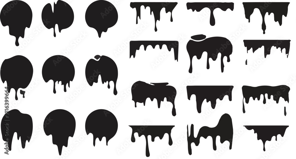 Obraz premium Set of isolated black liquid drips and paint blobs on transparent background.Set of isolated black liquid drips and paint blobs on transparent background.