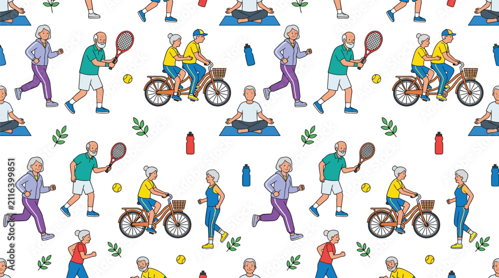 Fototapeta premium Active Senior Lifestyle Seamless Pattern with Elderly People Exercising, Cycling, Running, and Fitness Activities Vector Illustration