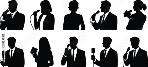 Foto Professional Reporter Silhouette Vector Collection, News Presenter Interview Bro