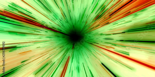 Warp Speed Abstraction an abstract digital art piece depicting a vibrant, high-speed tunnel of light, with streaks of green and orange converging towards a dark, central void.