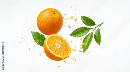 Fresh orange fruit with half sliced section and green leaf dynamically suspended flying in air against clean white background representing freshness flavor and vibrant citrus energy orange fruit