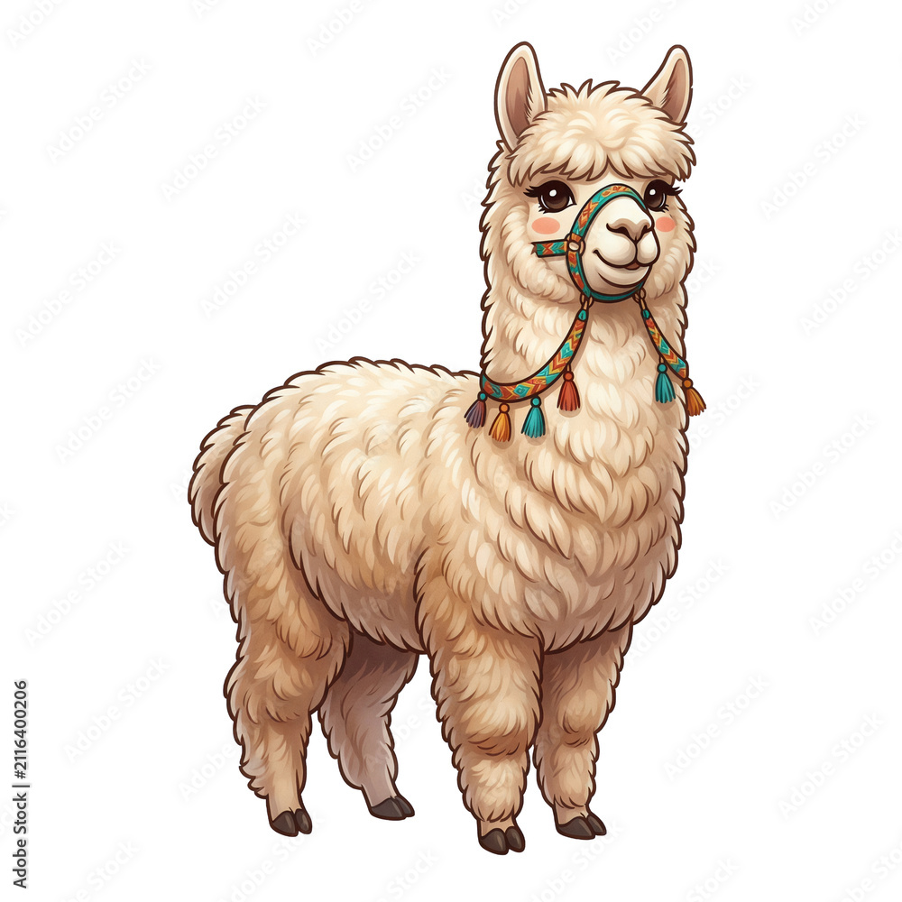 Fototapeta premium Cute illustration of a fluffy cream alpaca wearing a decorative tassel harness standing on a white background
