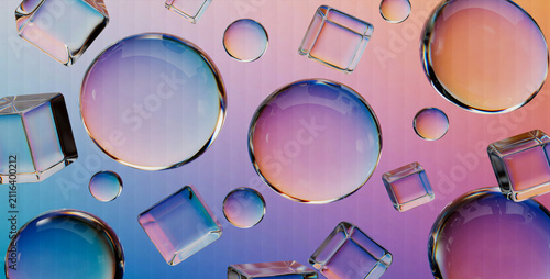 Quadro su tela glass abstract background with floating spheres and cubes, blue pink